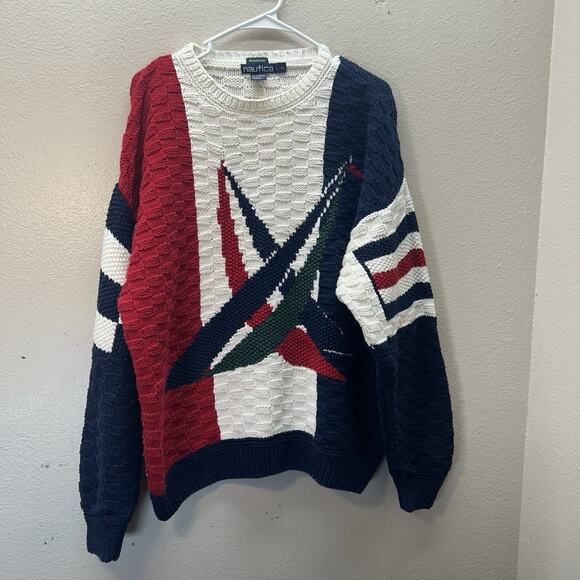 Nautica Handknit Naval Sweater Sailing Sailboats Preppy Rare 90s Vintage Chunky - Picture 1 of 4